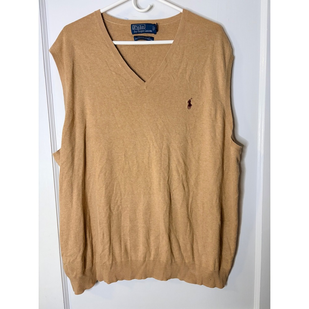Polo Ralph Lauren Men 2XB Tan Pima Cotton V-Neck Sweater Vest Camel Big & Tall